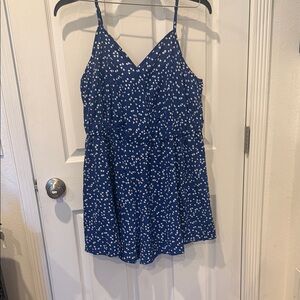 Blue Spaghetti Strap Romper with White Hearts